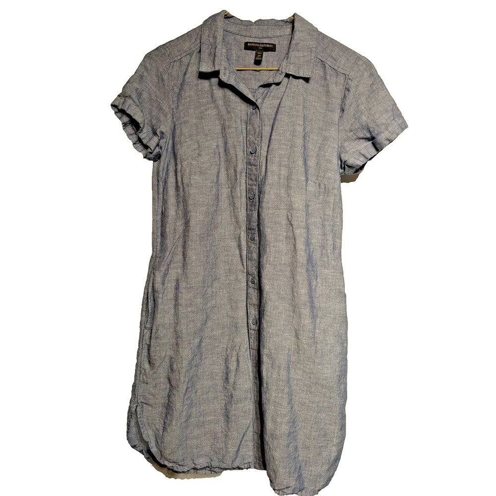 Banana Republic Dress Womens 2P Petite Blue Chambray Linen Blend Roll Cuff Shirt